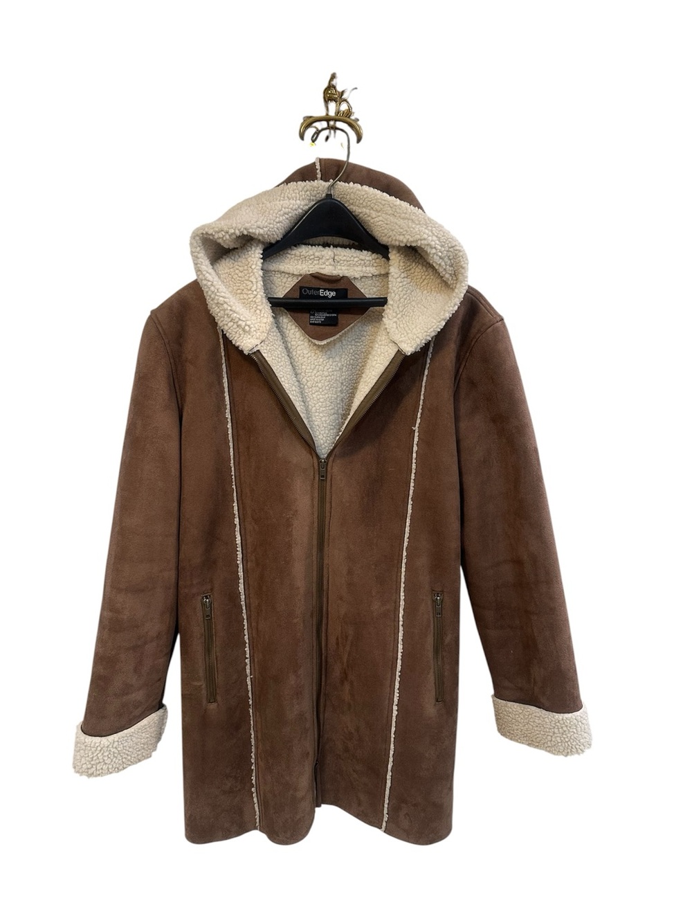Outer Edge Y2K Faux Suede & Sherpa Lined Hooded Knee Length Coat Size Large - Picture 3 of 11